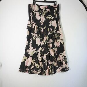 VTG Chaps Women's Floral Tiered Ruffle Skirt Midi Black Pink Romantic‎ Size 12